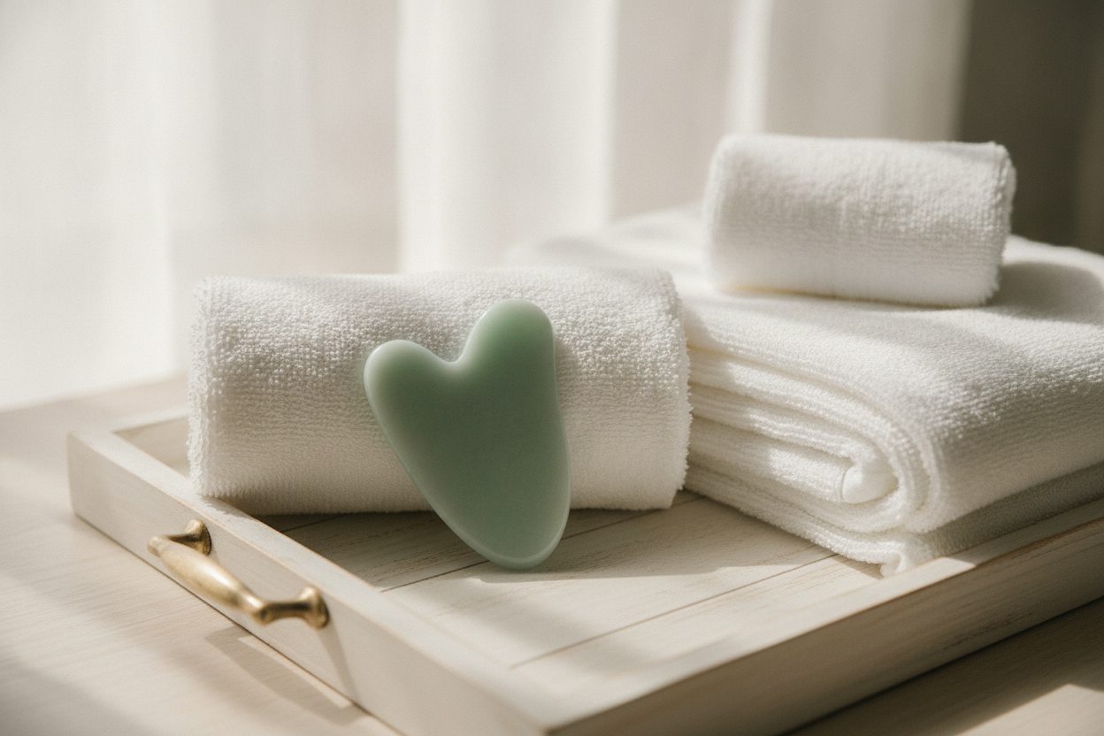 Folded towels and a smooth stone tool on a pale wood tray