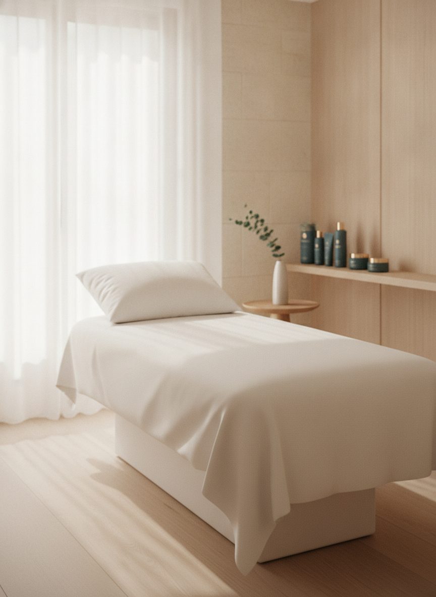 Treatment bed with white linens and soft daylight