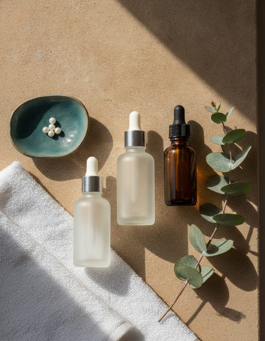 Skincare serum bottles and a folded towel on a limestone surface