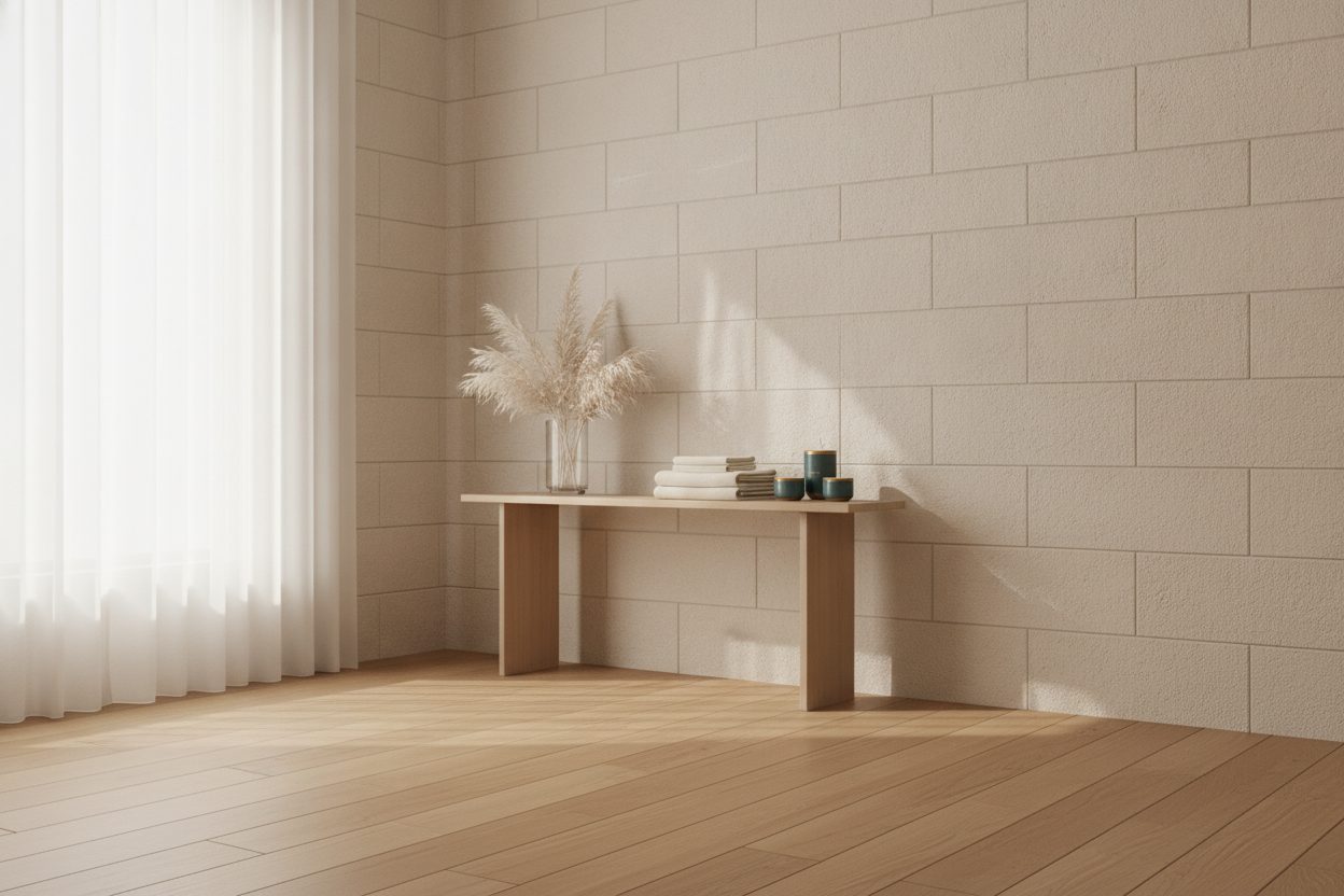 A minimalist studio corner with dried grasses and folded towels in daylight